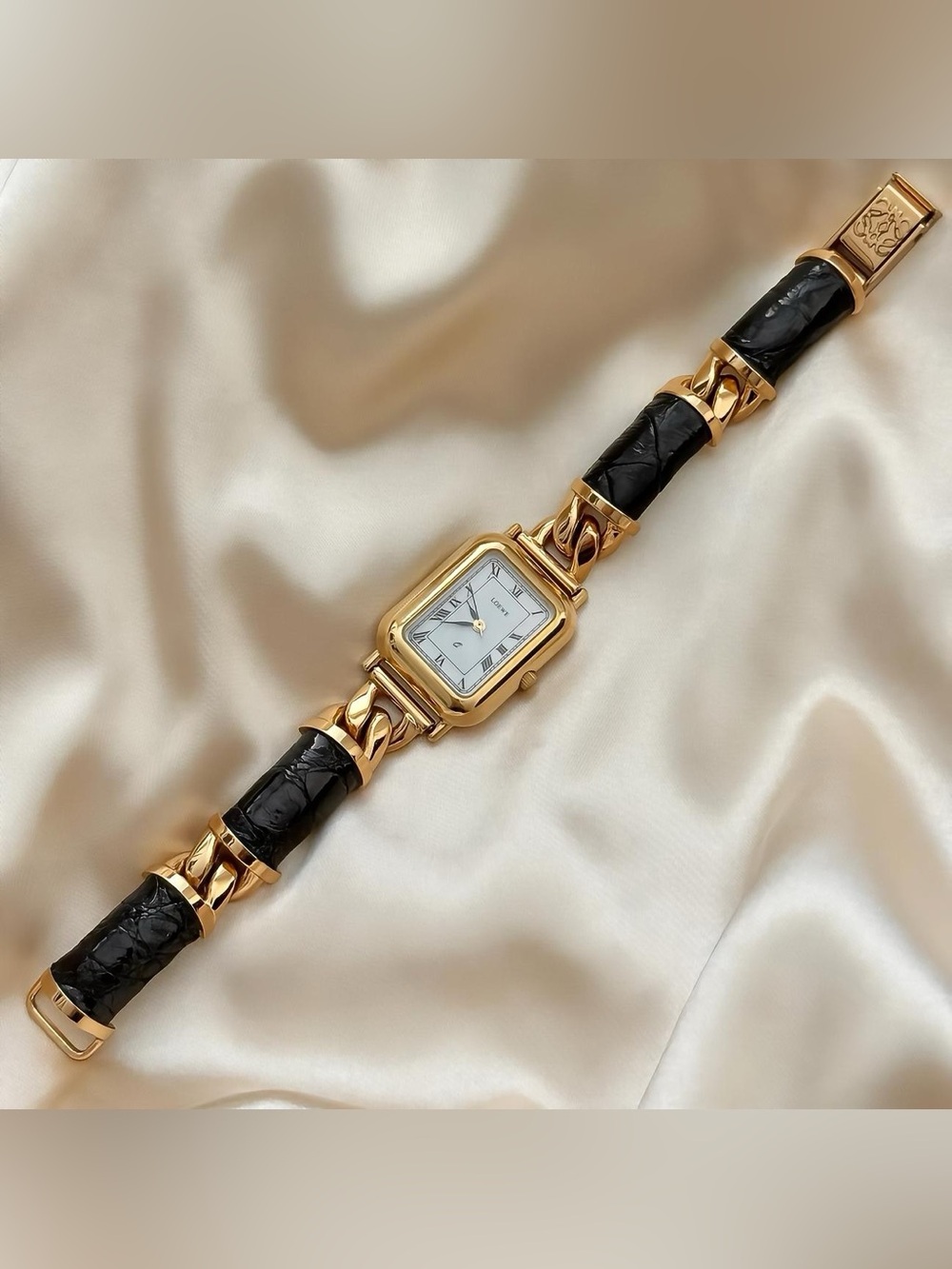 AUTHENTIC RARE VINTAGE LOEWE CHAIN LINK BLACK LEATHER WATCH - Picture 4 of 7
